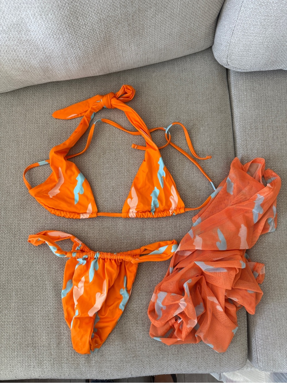 iNAMORATA Orange & Light Blue Triangle Bikini Set with Sheer Cover